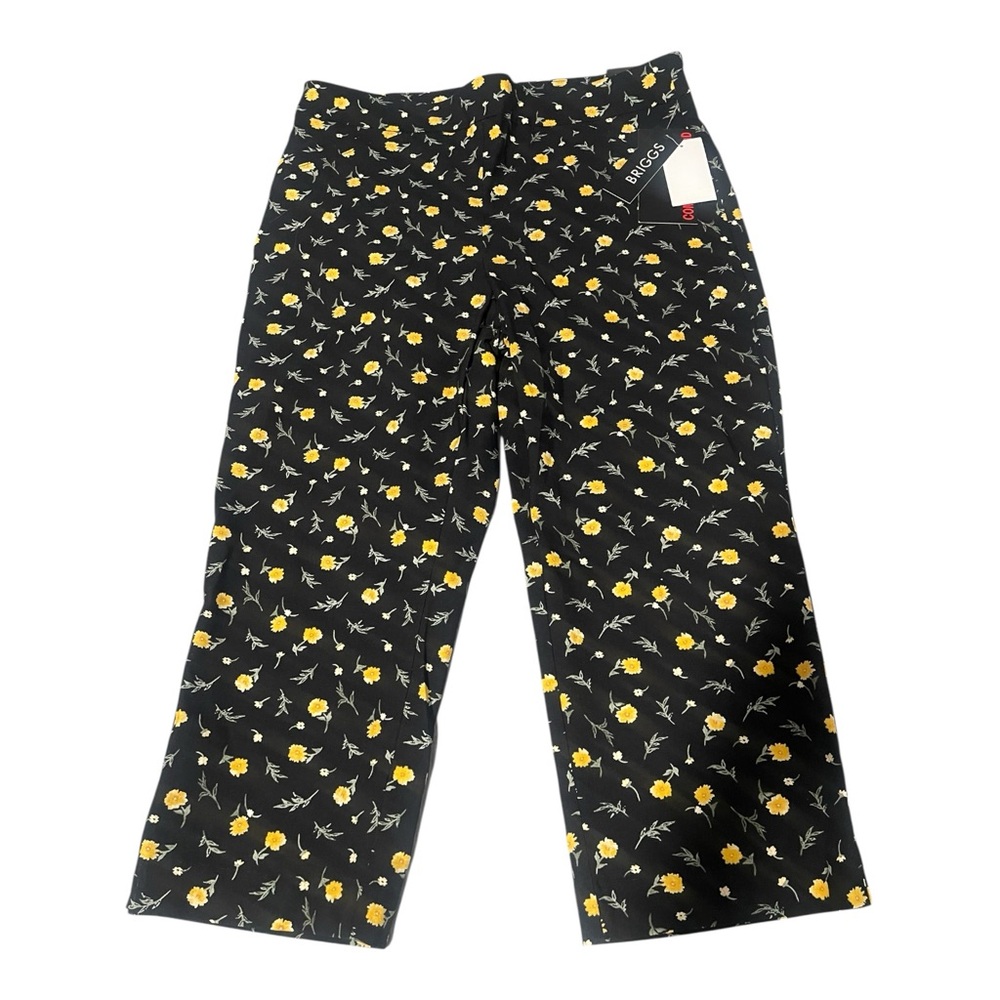 Briggs New York Women Floral Cropped Pants Size 12 Black Yellow Stretch NWT